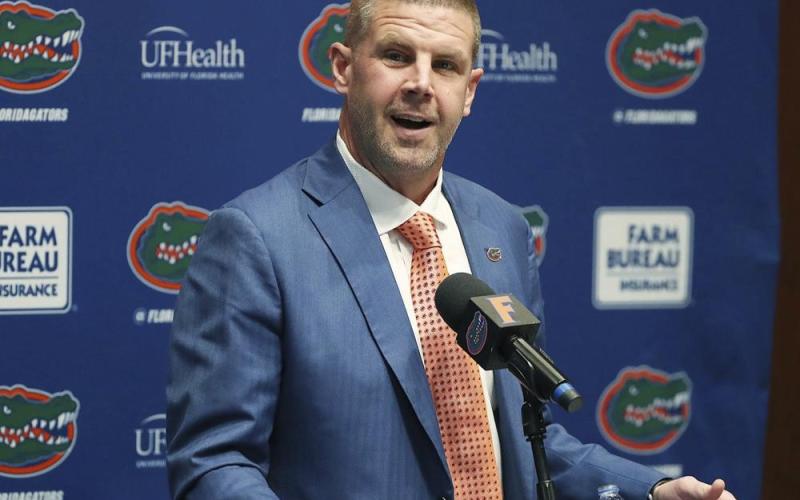 Florida head football coach Billy Napier speaks to the media during his introductory press conference on Sunday in Gainesville. (STEPHEN M. DOWELL/The Gainesville Sun via AP)