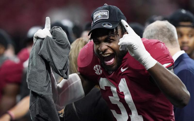 Alabama wide receiver Shatarius Williams celebrates his team's win after the Southeastern Conference championship game against Georgia on Saturdayin Atlanta. Alabama won 41-24. (BRYNN ANDERSON/Associated Press)