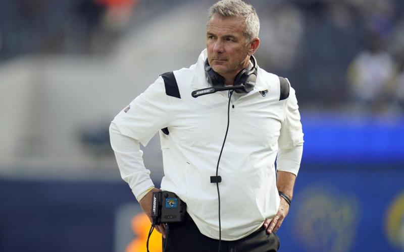 Jacksonville Jaguars head coach Urban Meyer stands on the field before a game against the Los Angeles Rams on Dec. 5 in Inglewood, Calif. Meyer's tumultuous NFL tenure ended after just 13 games — and two victories — when the Jacksonville Jaguars fired him early Thursday, Dec. 16, 2021 because of an accumulation of missteps. (JAE C. HONG/Associated Press)