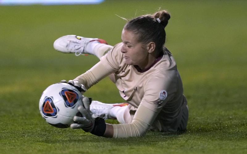 Florida State goalkeeper Cristina Roque makes a save on a kick by BYU during the NCAA College Cup women's soccer final on Monday in Santa Clara, Calif. (TONY AVELAR/Associated Press)