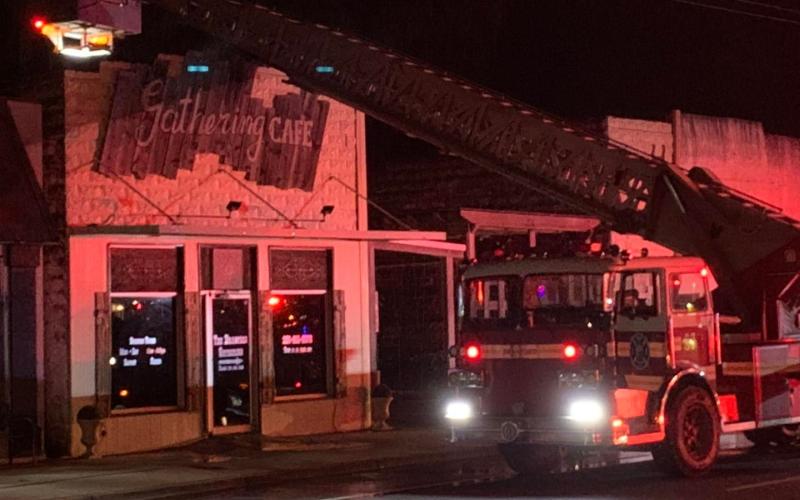Suwannee County Fire Rescue and the Branford Volunteer Fire Department respond to a late-night fire at The Gathering Cafe Wednesday evening. (COURTESY)