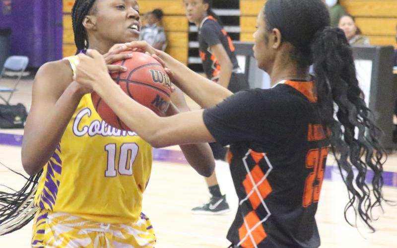 Columbia center Keturah Taylor fights for possession of the ball with Orange Park forward Nia Brown on Jan. 13. (JORDAN KROEGER/Lake City Reporter)