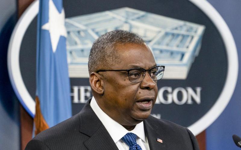 Secretary of Defense Lloyd Austin speaks during a media briefing at the Pentagon on Friday in Washington. (ALEX BRANDON/Associated Press)