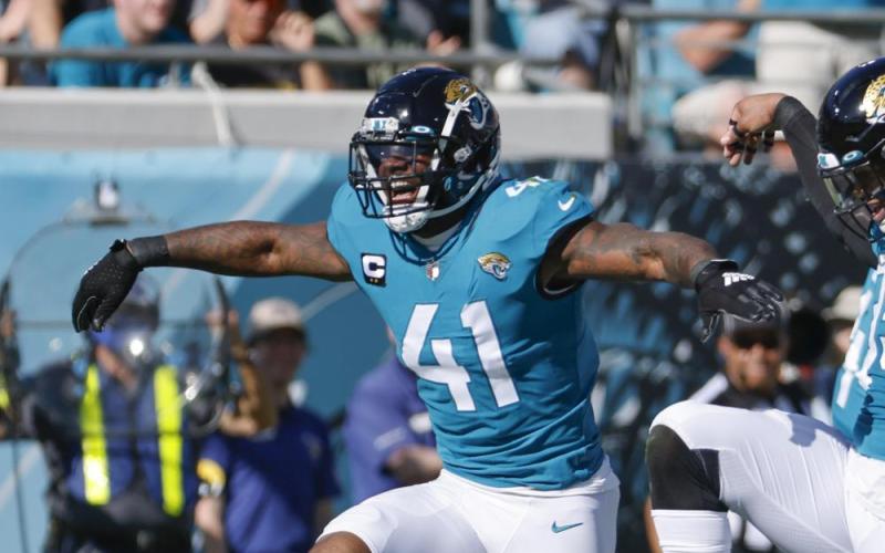 Jacksonville Jaguars outside linebacker Josh Allen (41) celebrates after sacking Indianapolis Colts quarterback Carson Wentz during Sunday’s game in Jacksonville. (AP Photo/STEPHEN B. MORTON/Associated Press)