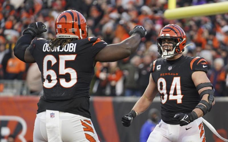 Cincinnati Bengals' Sam Hubbard (94) reacts with Larry Ogunjobi (65) after Hubbard sack Las Vegas Raiders quarterback Derek Carr during Saturday's wild-card playoff game in Cincinnati. (JEFF DEAN/Associated Press)