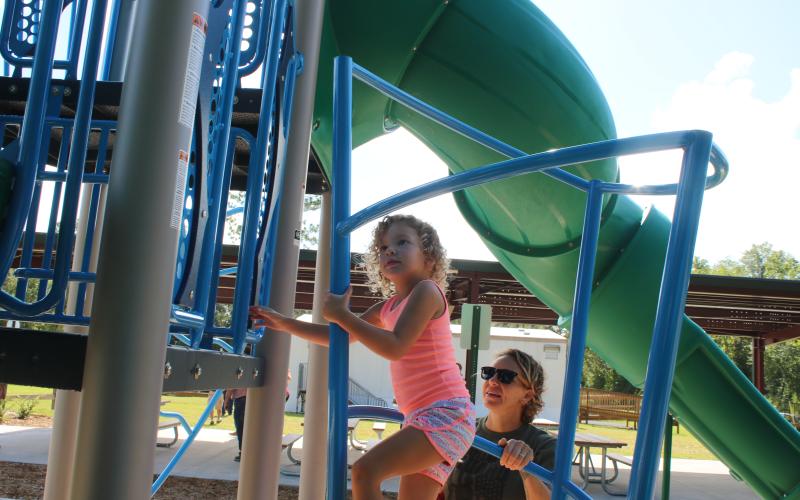 Sailor Hunter (left) plays on the jungle gym playset erected at Columbia City Park in July 2020. (FILE)