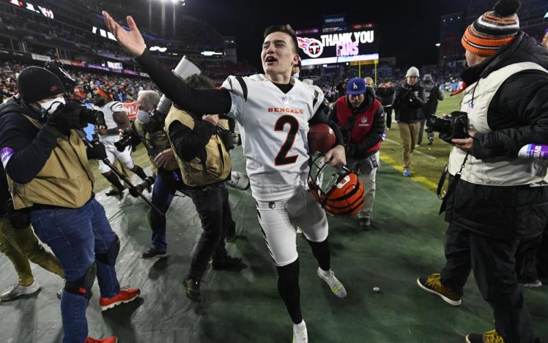 Bengals kicker Evan McPherson celebrates his game-winning field goal against the Tennessee Titans in the AFC divisional playoffs on Saturday in Nashville, Tenn. The Cincinnati Bengals won 19-16. (MARK ZALESKI/Associated Press)