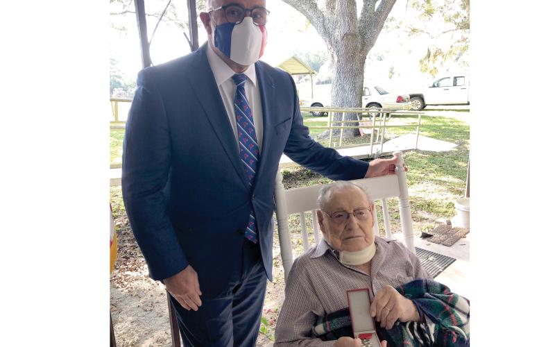Earl Mills, a Live Oak resident and a World War II veteran who fought in Normandy, France, on D-Day, received the French Legion of Honor medal Thursday from Francois Kloc, an honorary consul of France. (COURTESY)