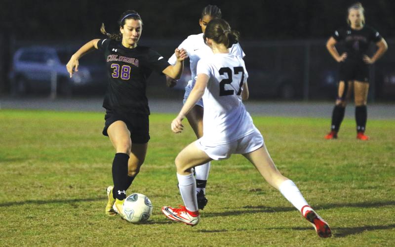 Columbia forward Skyler Ziegaus dribbles up the field against Leon during Wednesday’s District 2-6A quarterfinal. (MORGAM MCMULLEN/Lake City Reporter)