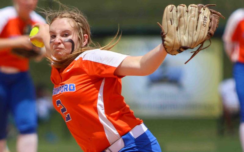 Branford pitcher Laila Arnold pitches against Trenton during the Class 1A state semifinals on May 18. (WILL TURNER/Special to the Reporter)