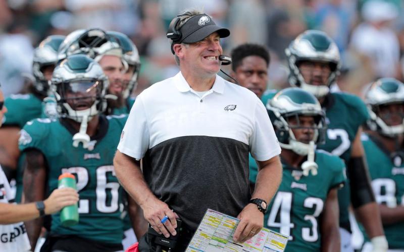 Former Philadelphia Eagles head coach Doug Pederson reacts during a game against the Detroit Lions on Sept. 22, 2019. (TIM HAWK/TNS)