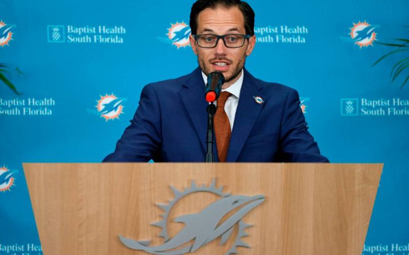 New Miami Dolphins head coach Mike McDaniel speaks at his introductory press conference at Baptist Health Training Complex in Hard Rock Stadium on Thursday in Miami Gardens. (DAVID SANTIAGO/TNS)