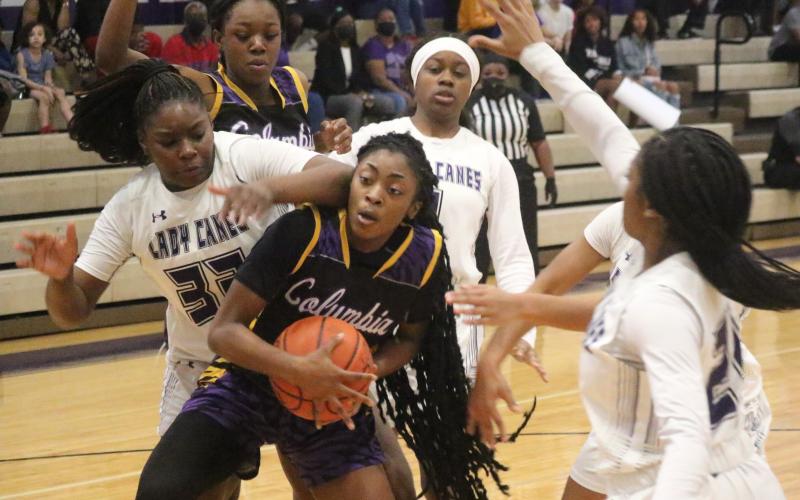 Columbia guard Na’Haviya Paxton battles Gainesville forward Imari Keenon for possession Friday night in the District 3-6A Championship Game on Friday night. (JORDAN KROEGER/Lake City Reporter)