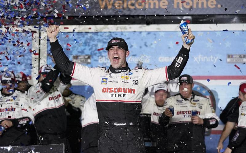 Austin Cindric celebrates in Victory Lane after winning the NASCAR Daytona 500 at Daytona International Speedway on Sunday in Daytona Beach. (JOHN RAOUX/Associated Press)