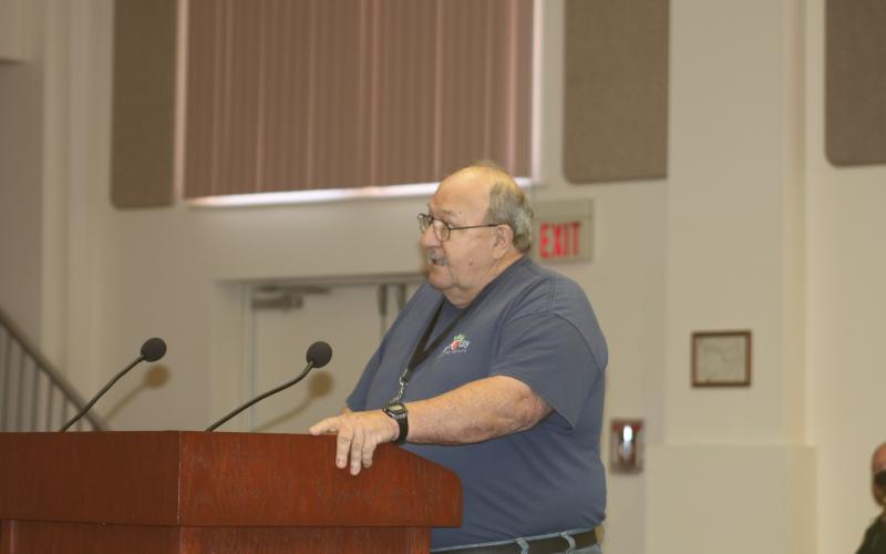Lake City Humane Society’s adoption counselor Roy Armstrong speaks during Thursday morning’s meeting. (JAMIE WACHTER/Lake City Reporter)