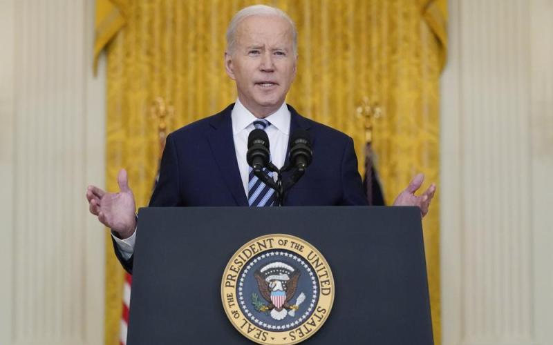 President Joe Biden speaks about the Russian invasion of Ukraine in the East Room of the White House on Thursday in Washington. (ALEX BRANDON/Associated Press)