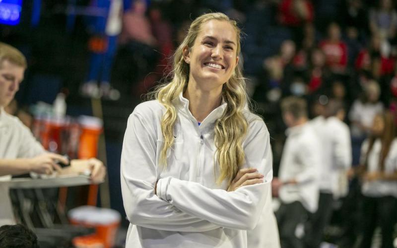 Florida interim head coach Kelly Rae Finley smiles before a game against South Carolina on Jan. 30 in Gainesville. (AP FILE)