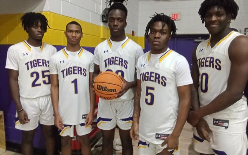 Columbia recognized seniors Ke’juan Paige (from left), Caden Perry, Brae Deal, Jerome Fulton and Marcus Peterson before Friday night’s game. (CONCEPCION LEDEZMA/Special to the Reporter)