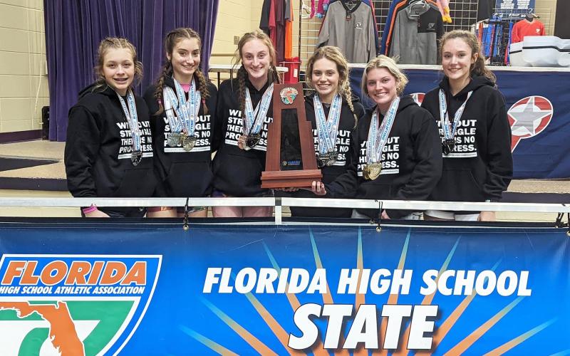 Branford weightlifters Morgan Brennan (from left), Nathalia Veal, Hannah Terry, Halleigh-Ray Harris, Evie Pitts and Madison Ward helped lead the Buccaneers to second in the snatch and third in the traditional. Not pictured: Delaney Fennell. (COURTESY)