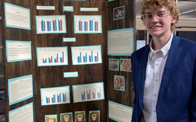 The Suwannee Valley Regional Science Fair was held this week at Florida Gateway College. Winning the best overall project in the senior division was Union County’s Jackson Crook, shown with his project, ‘Effects of Pollutants on Aquatic Plant Species &amp; Water Quality.’ (COURTESY)