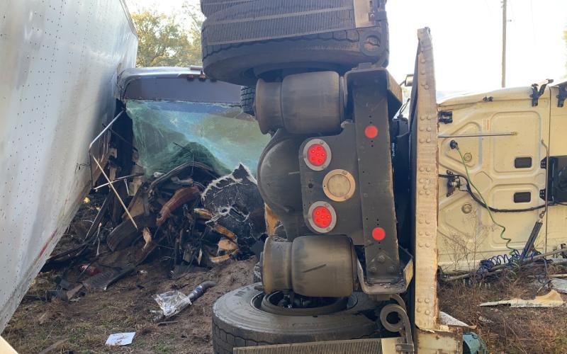 A crash Friday morning involving a passenger bus and tractor trailer on State Road 51 near Mayo sent 13 people to the hospital. (COURTESY)