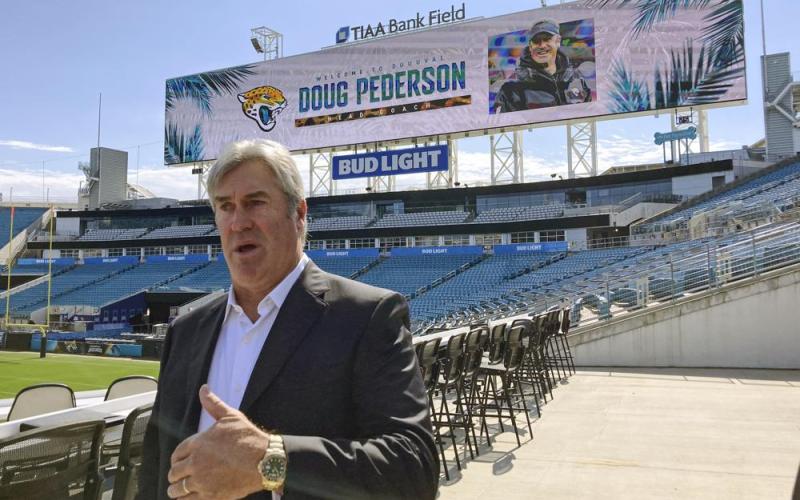 Jacksonville Jaguars head coach Doug Pederson speaks with reporters on Feb. 5 in Jacksonville. (MARK LONG/Associated Press)