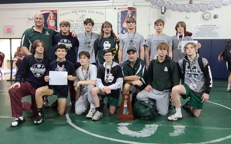 Suwannee’s wrestling team placed second at the Region 1-1A meet on Saturday at Wakulla High School, qualifying seven wrestlers for state. (COURTESY)