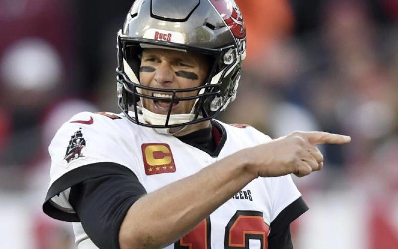 Tampa Bay Buccaneers quarterback Tom Brady (12) calls a play against the Los Angeles Rams during a divisional round playoff game on Jan. 23 in Tampa. (JASON BEHNKEN/Associated Press)