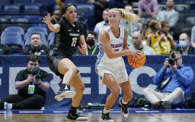 Vanderbilt's Brinae Alexander (15) defends against Florida's Alberte Rimdal (right) during the women's Southeastern Conference tournament on Thursday in Nashville, Tenn. (MARK HUMPHREY/Associated Press)