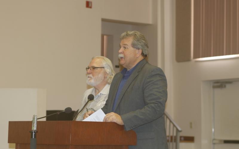 Hugh Thomas (right) and Charlie Keith address the council at Thursday morning’s meeting. (JAMIE WACHTER/Lake City Reporter)
