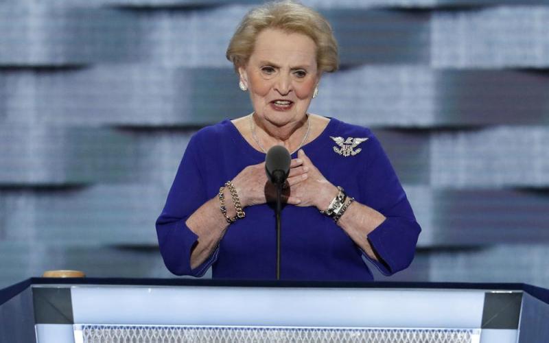Former Secretary of State Madeleine Albright speaks during the second day of the Democratic National Convention on July 26, 2016, in Philadelphia. Albright has died of cancer, her family said Wednesday. (AP File)