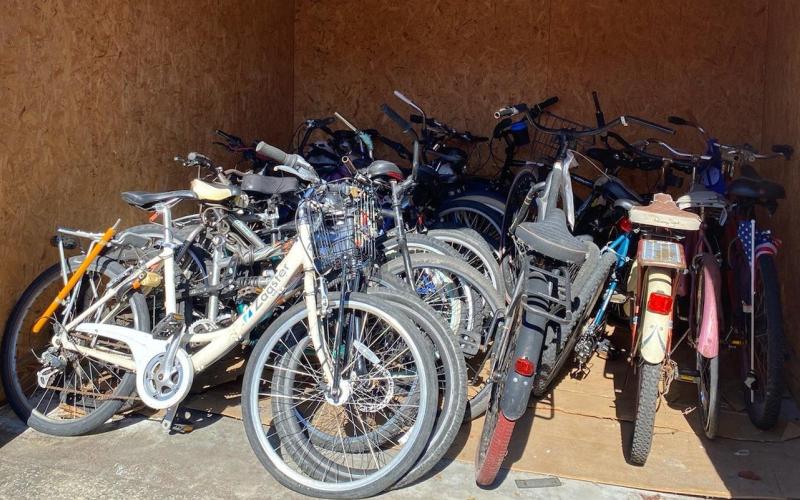 A bundle of bicycles sits in storage after being seized by the LCPD. The department recently donated the bikes to the United Way of Suwannee Valley. (COURTESY)