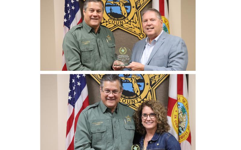 Senators Chuck Brannon (above) and Jennifer Bradley pose with Columbia County Sheriff Mark Hunter as he presents them with a “Friend of the Sheriff” award on Friday. (COURTESY PHOTOS)