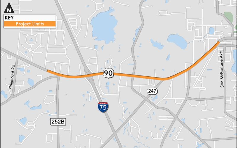 An FDOT map highlights the stretch of U.S. Highway 90 that will be under construction starting next week. (COURTESY)