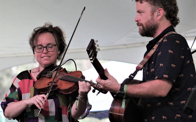 A pair of musicians with the Jon Stickley Trio perform at the SOSMP in 2021. (COURTESY)