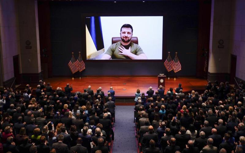 Ukrainian President Volodymyr Zelenskyy speaks to the U.S. Congress by video to plead for support as his country is besieged by Russian forces. (J. SCOTT APPLEWHITE/Associated Press)
