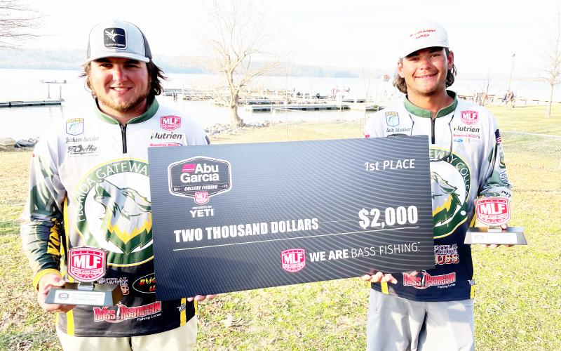Jackson Wisher (left) and Seth Slanker (right) won the the MLF Abu Garcia College Fishing tournament Presented by YETI event on Lake Guntersville on Friday. (COURTESY)