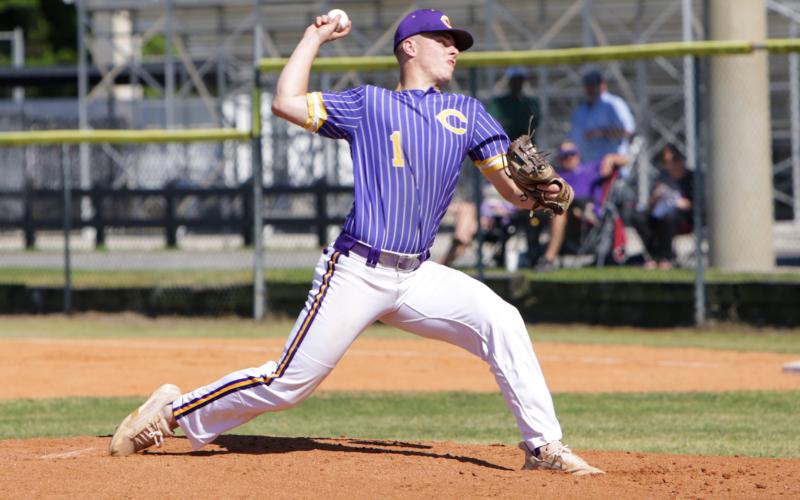 Columbia pitcher Hayden Gustavson pitches against Bishop Kenny on Monday afternoon. Gustavson struck out seven and only allowed one hit in four innings. (BRENT KUYKENDALL/Lake City Reporter)