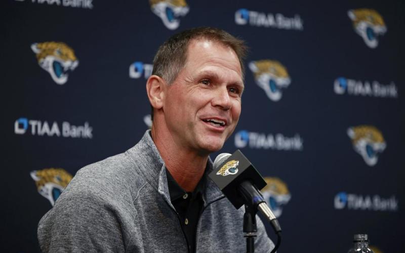 Jacksonville Jaguars General Manager Trent Baalke answers questions from the media during a press conference on Friday at TIAA Bank Field in Jacksonville. (COREY PERRINE/The Florida Times-Union via AP)