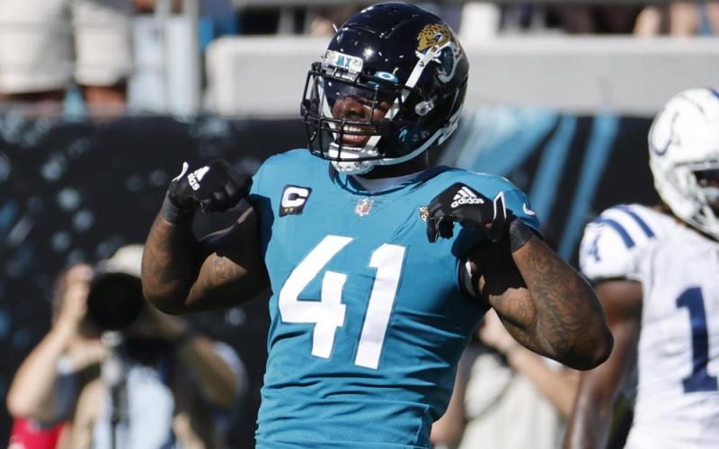 Jacksonville Jaguars outside linebacker Josh Allen celebrates after sacking Indianapolis Colts quarterback Carson Wentz on Jan. 9 in Jacksonville. (AP FILE)