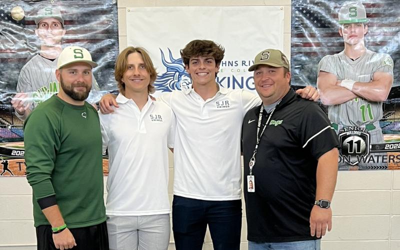 Suwannee’s Tyson Greene and Peyton Waters signed their letters of intent to play at St. Johns River State college on Saturday. (COURTESY)
