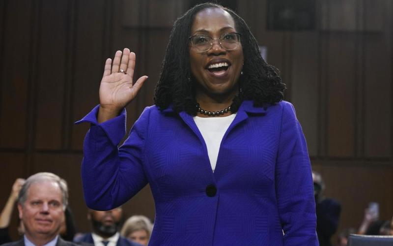 Ketanji Brown Jackson, sworn in for her hearing before the Senate Judiciary Committee in March, was confirmed to the Supreme Court on Thursday. (JACQUELYN MARTING/Associated Press)