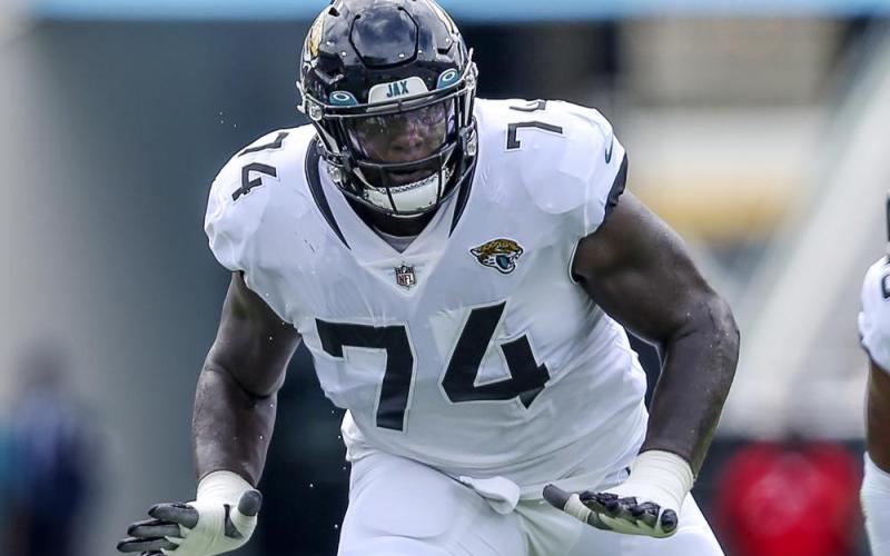 Jacksonville Jaguars offensive tackle Cam Robinson is shown during a game against the Denver Broncos on Sept. 19, 2021, in Jacksonville. (AP File)