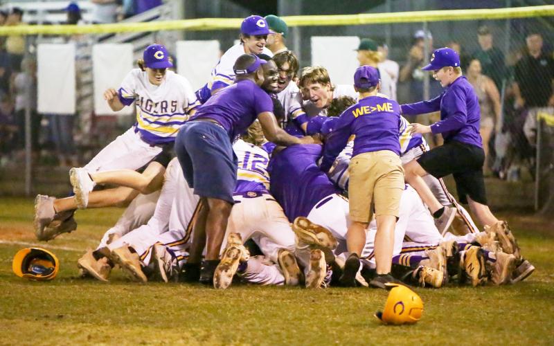 Columbia’s baseball team celebrates in a dogpile after rallying past Lincoln in the bottom of the seventh to win the Region 1-5A title on Monday to advance to the state Final Four. (BRENT KUYKENDALL/Lake City Reporter)