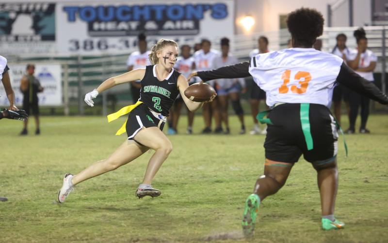 Suwannee’s Katie Jo Brackin heads up field against Florida A&amp;M during the Region 1-1A quarterfinals Tuesday night at Langford Stadium. (PAUL BUCHANAN/Special to the Reporter)