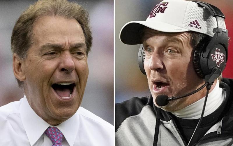 Alabama head coach Nick Saban (left) yells to the sideline during a scrimmage, on April 16 in Tuscaloosa, Ala. Texas A&amp;M coach Jimbo Fisher  (right) reacts to an official's call during a game against Mississippi on Nov. 13, 2021, in Oxford, Miss. (AP FILE)