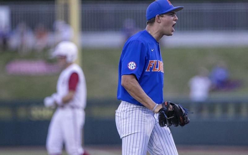 Florida pitcher Carsten Finnvold reacts coming off the mound during Sunday's NCAA regional game against Oklahoma in Gainesville. (CYNDI CHAMBERS/Ocala Star-Banner via AP)