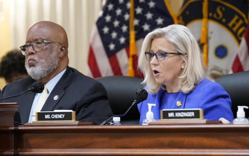 Vice Chair Liz Cheney, R-Wyo., gives her opening remarks as Committee Chairman Rep. Bennie Thompson, D-Miss., left, looks on, as the House select committee investigating the Jan. 6 attack on the U.S. Capitol holds its first public hearing to reveal the findings of a year-long investigation, at the Capitol on Thursday in Washington. (J. SCOTT APPLEWHITE/Associated Press)