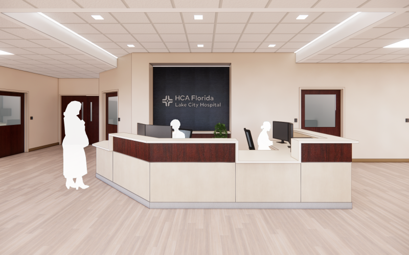 An artist rendering of the new entrance to the HCA Florida Lake City Hospital’s emergency department once an expansion project is completed. Construction has just begun on the expansion. (COURTESY)