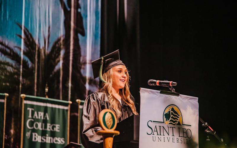 Emilee Cannon, of Live Oak, gives the student farewell June 11 at Saint Leo University’s commencement ceremony in Savannah, Georgia. Cannon studied at the Lake City Education Center. (COURTESY/St. Leo University)